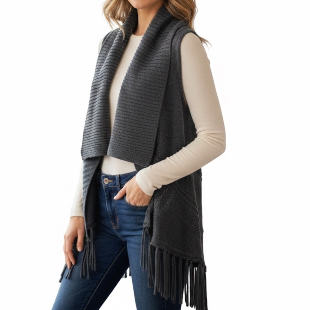 Dex Shawl Collar Fringe Sweater Vest Size Small Grey Wool Angora - Picture 10 of 10